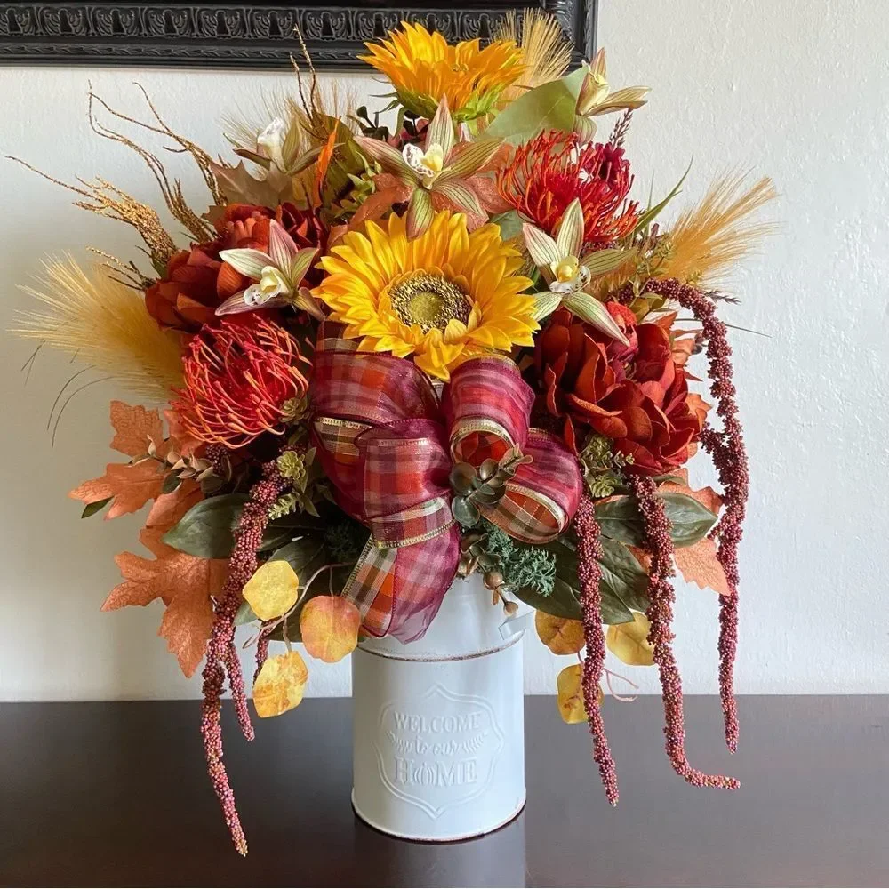 Faux Floral Bouquet in White Jar With Sunflowers/Peonies